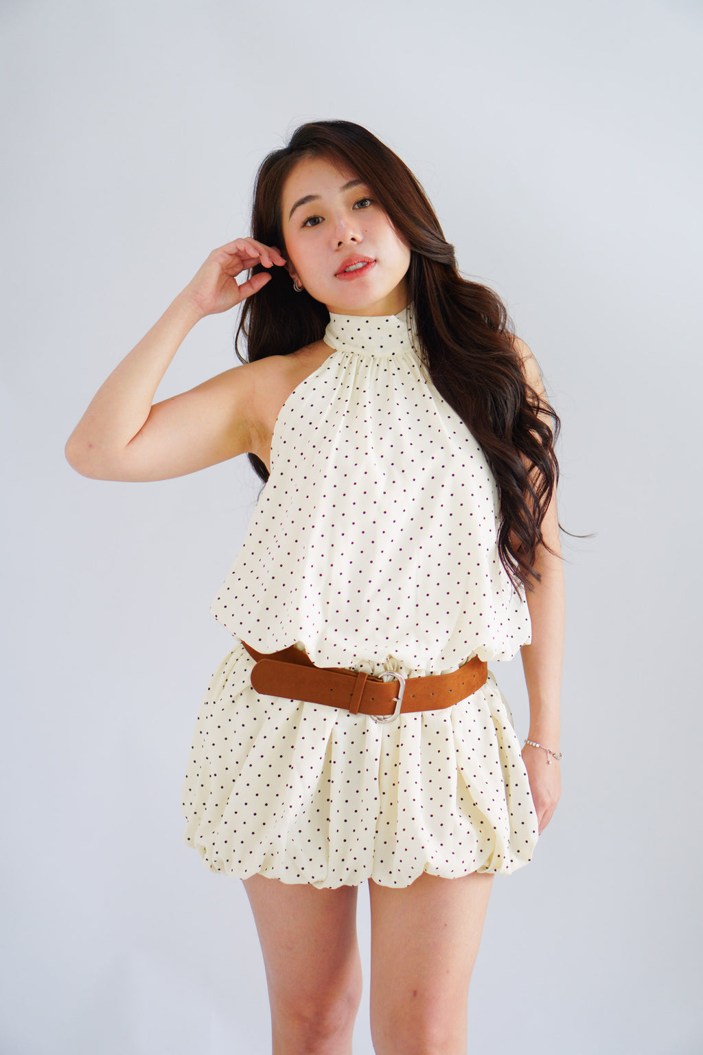 (BACKORDER) Jessamine Polkadot Choker Bubble Dress with Belt in Cream