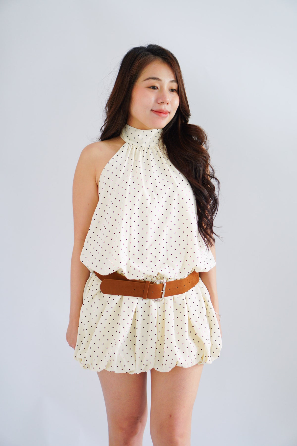 (BACKORDER) Jessamine Polkadot Choker Bubble Dress with Belt in Cream