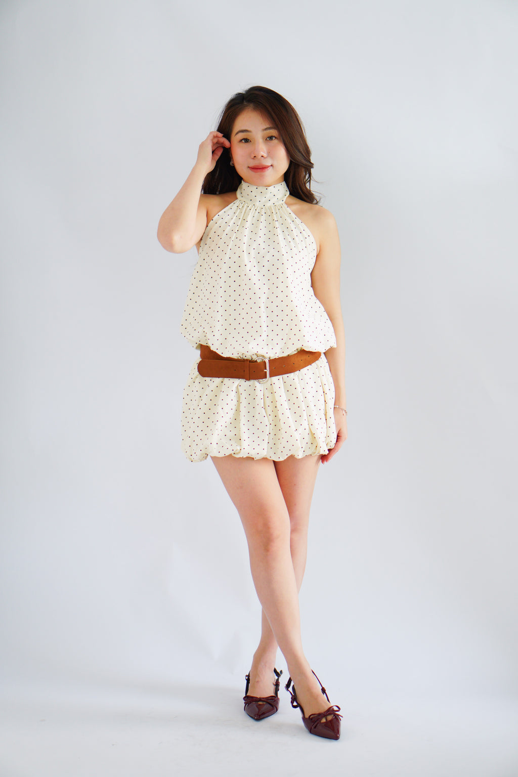 (BACKORDER) Jessamine Polkadot Choker Bubble Dress with Belt in Cream