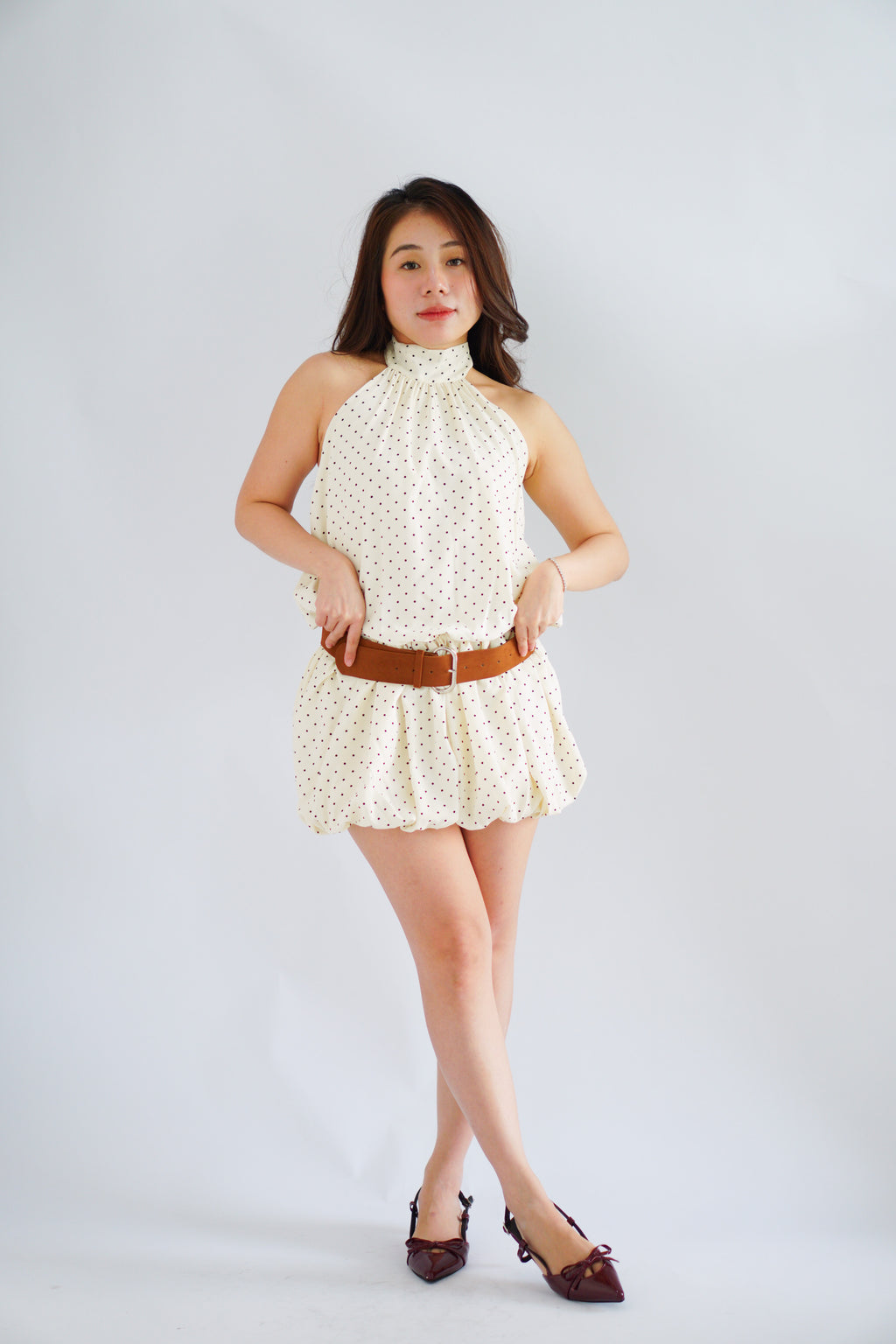 (BACKORDER) Jessamine Polkadot Choker Bubble Dress with Belt in Cream