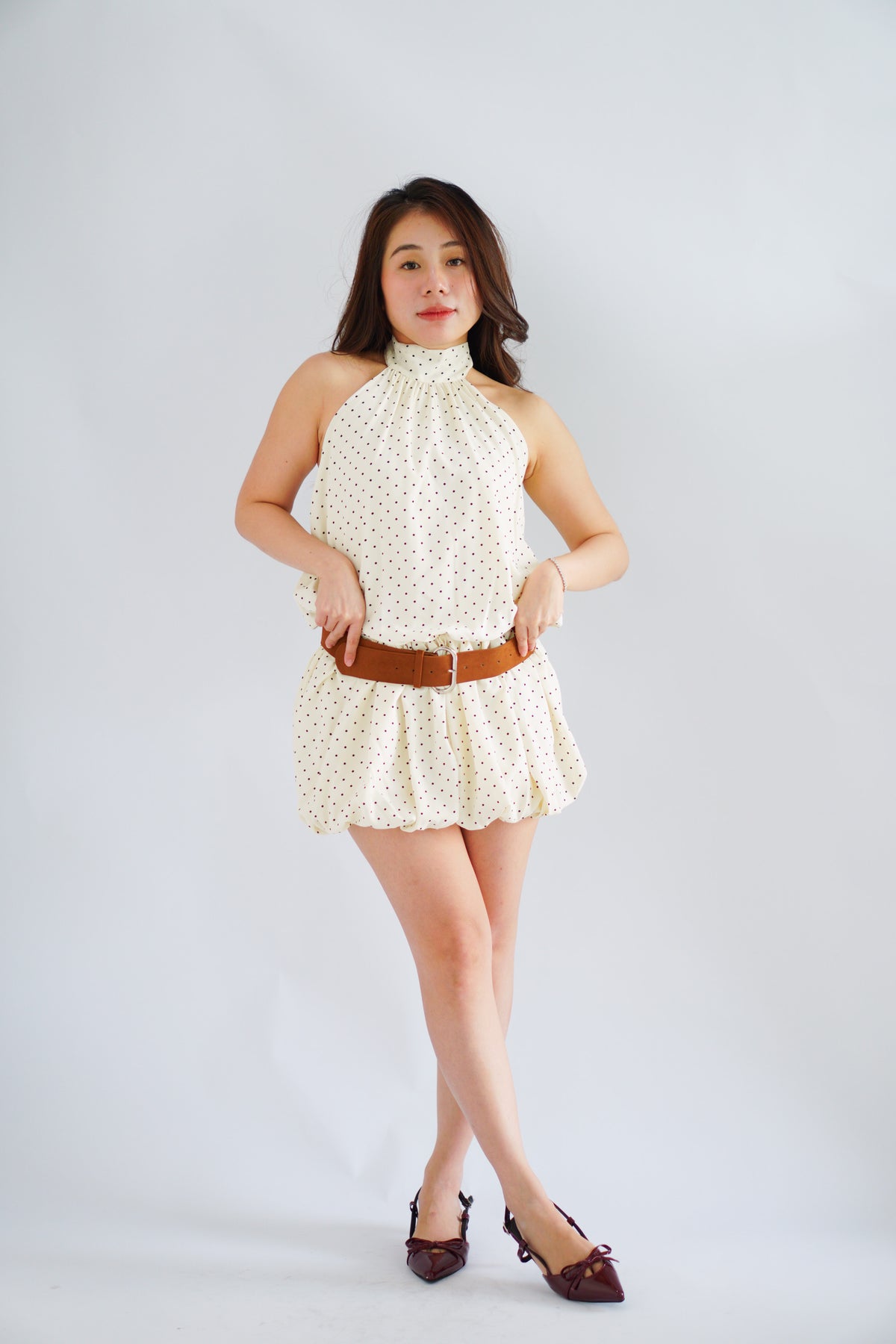 (BACKORDER) Jessamine Polkadot Choker Bubble Dress with Belt in Cream