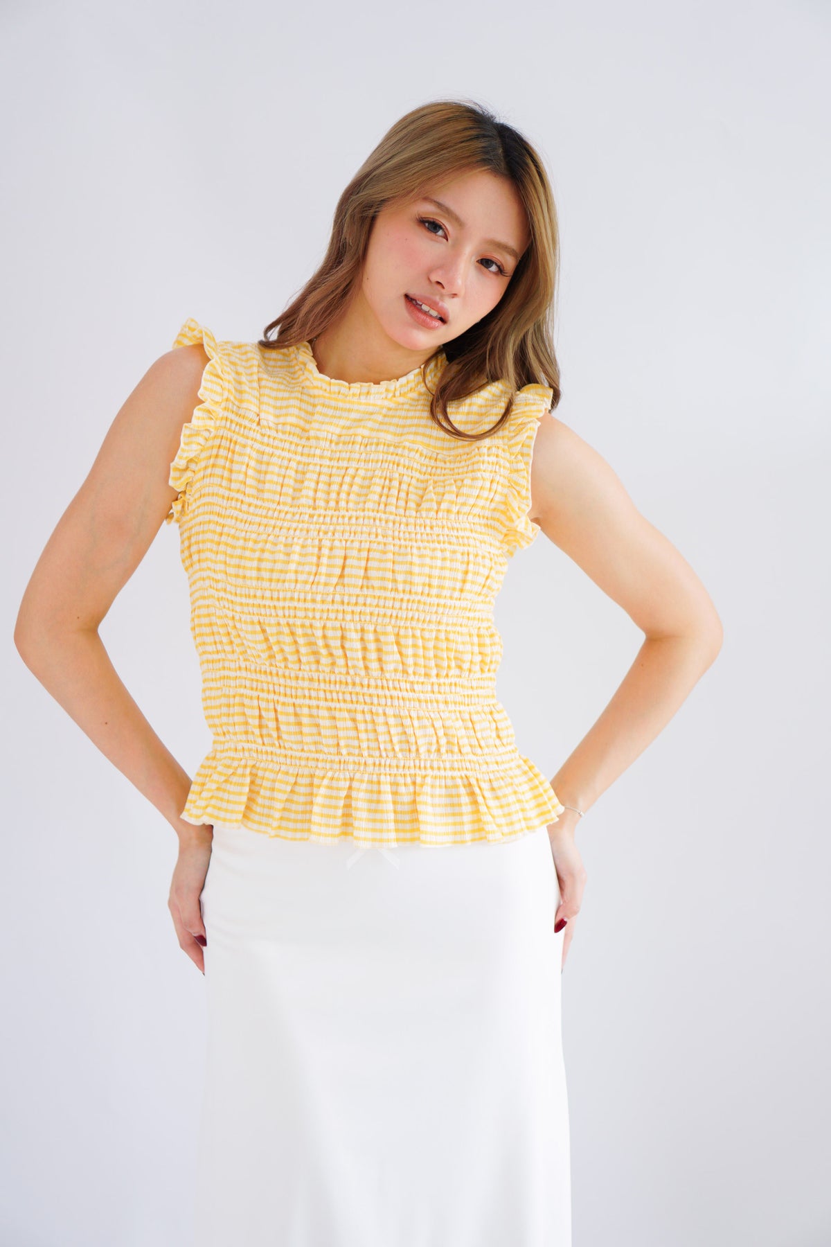 Carcy Gingham Smocked Top in Yellow