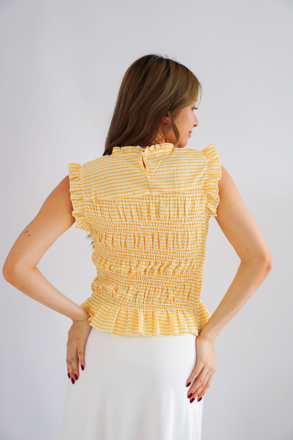 Carcy Gingham Smocked Top in Yellow