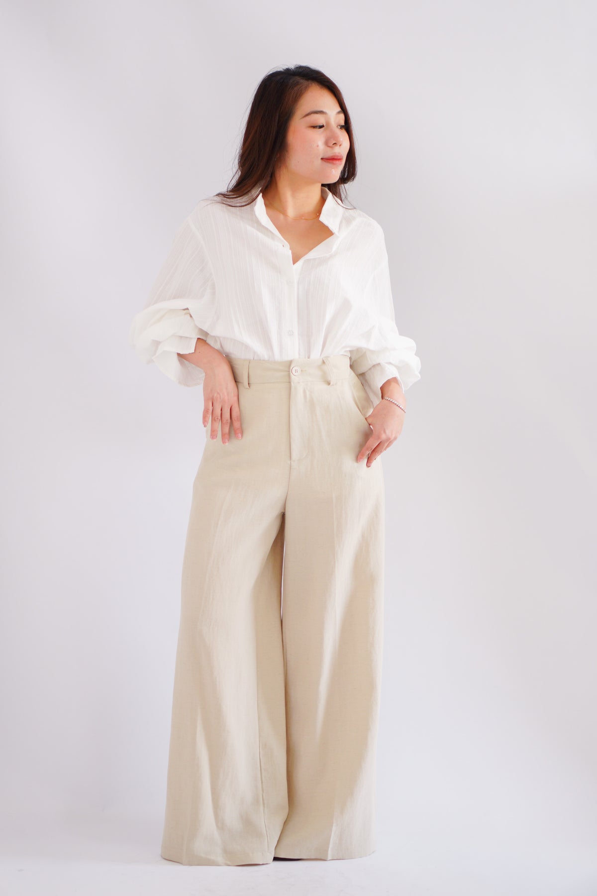 Cassia Lantern Sleeves Button Down Top in White
