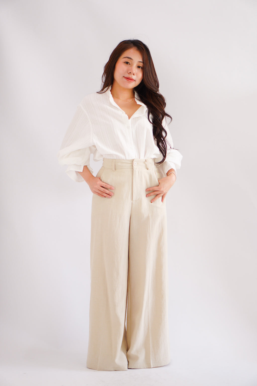 Cassia Lantern Sleeves Button Down Top in White