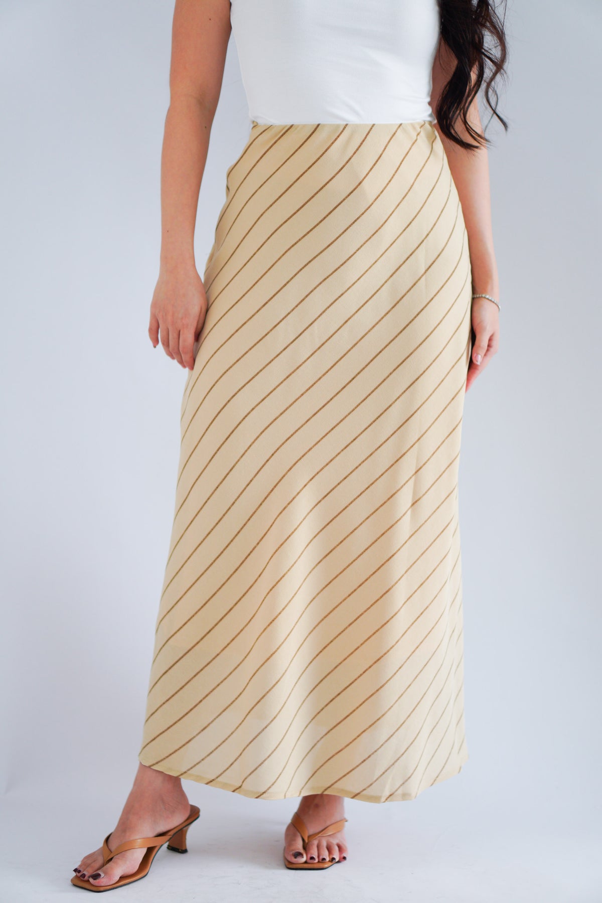 Althea Stripes Bias Cut Maxi Skirt in Beige Khaki