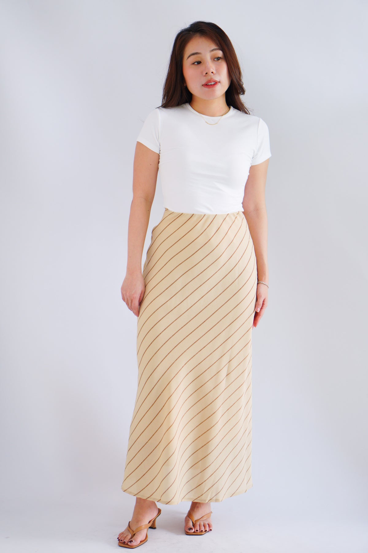 Althea Stripes Bias Cut Maxi Skirt in Beige Khaki