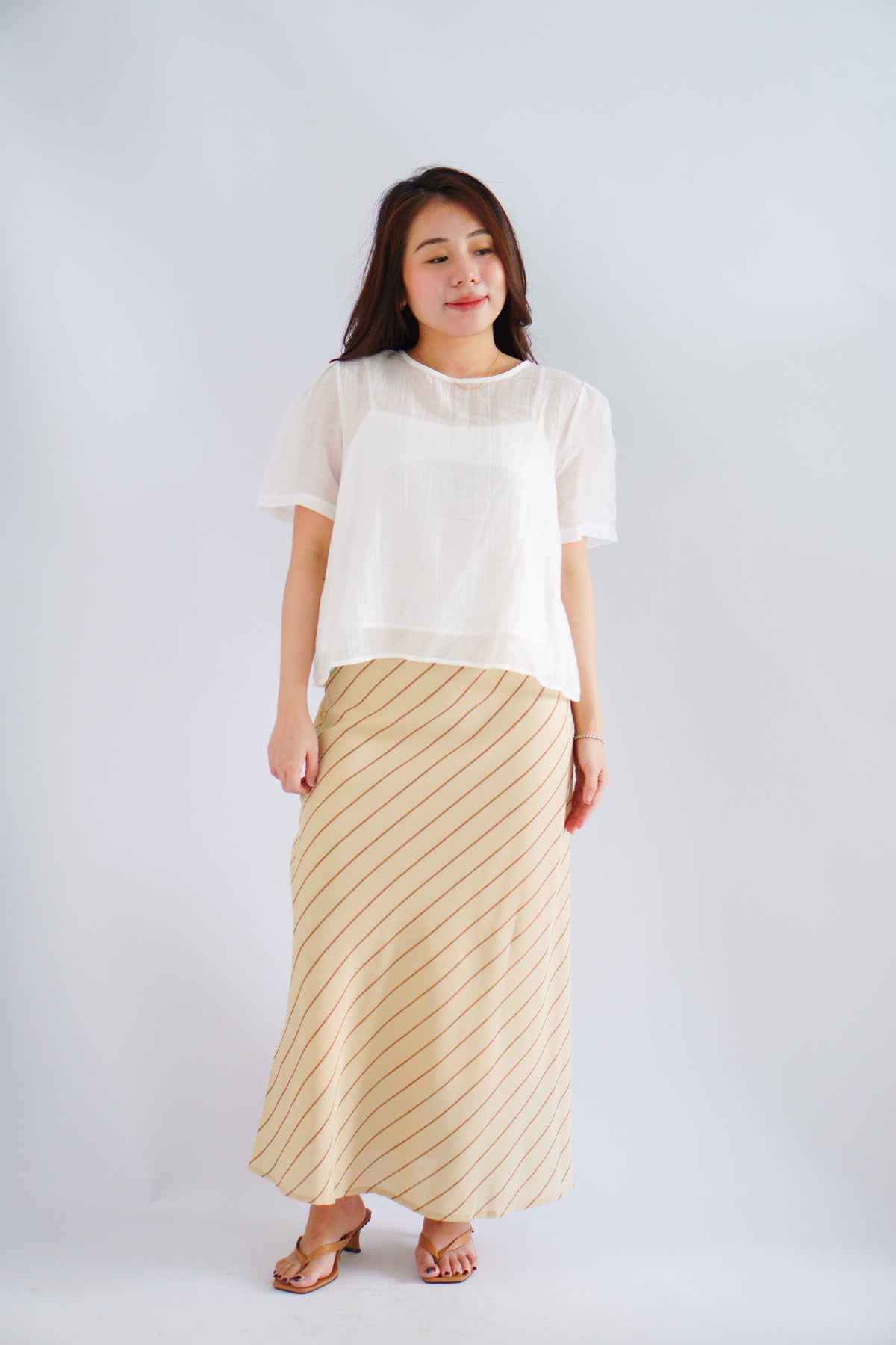 Althea Stripes Bias Cut Maxi Skirt in Beige Khaki