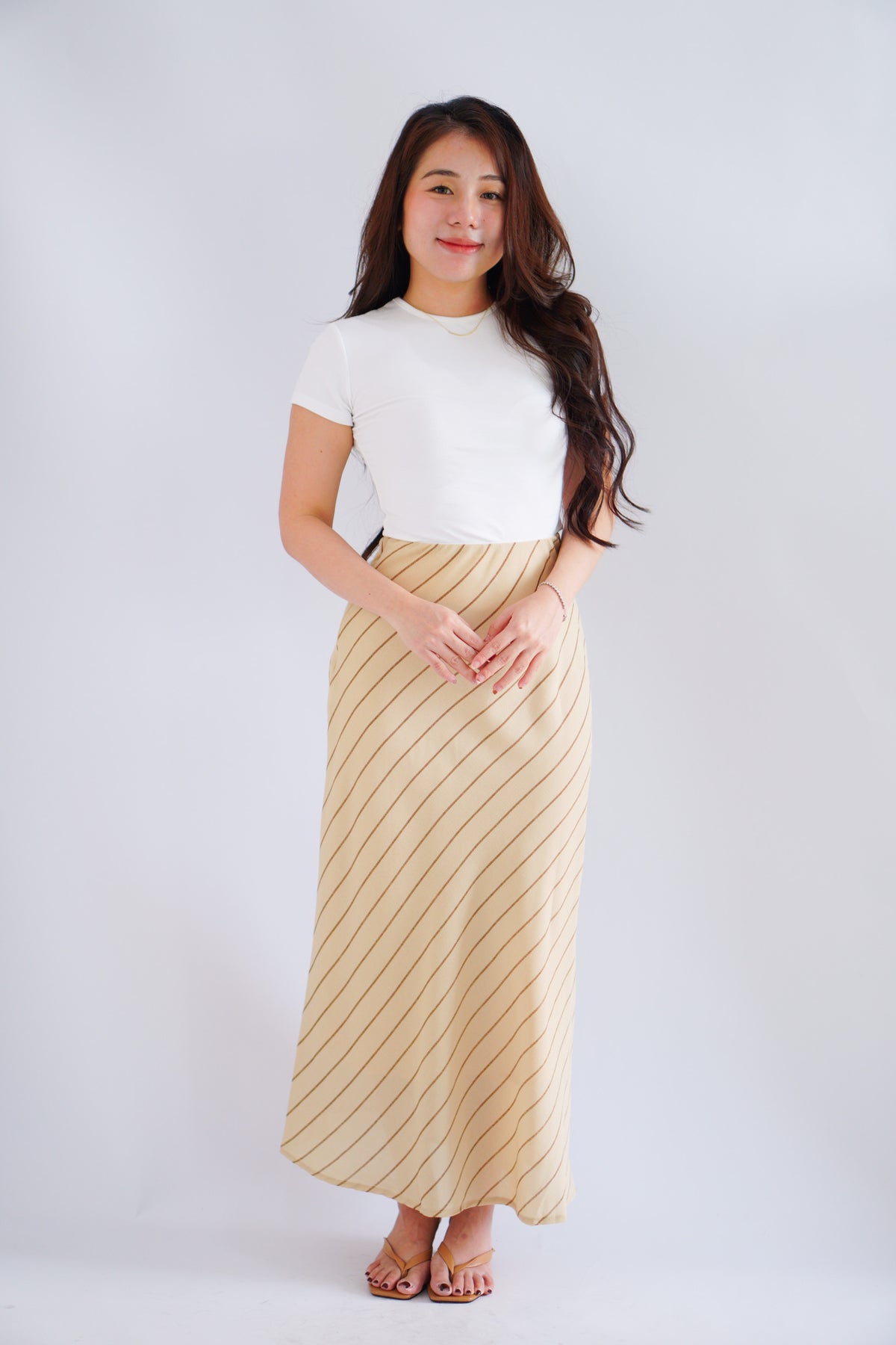 Althea Stripes Bias Cut Maxi Skirt in Beige Khaki