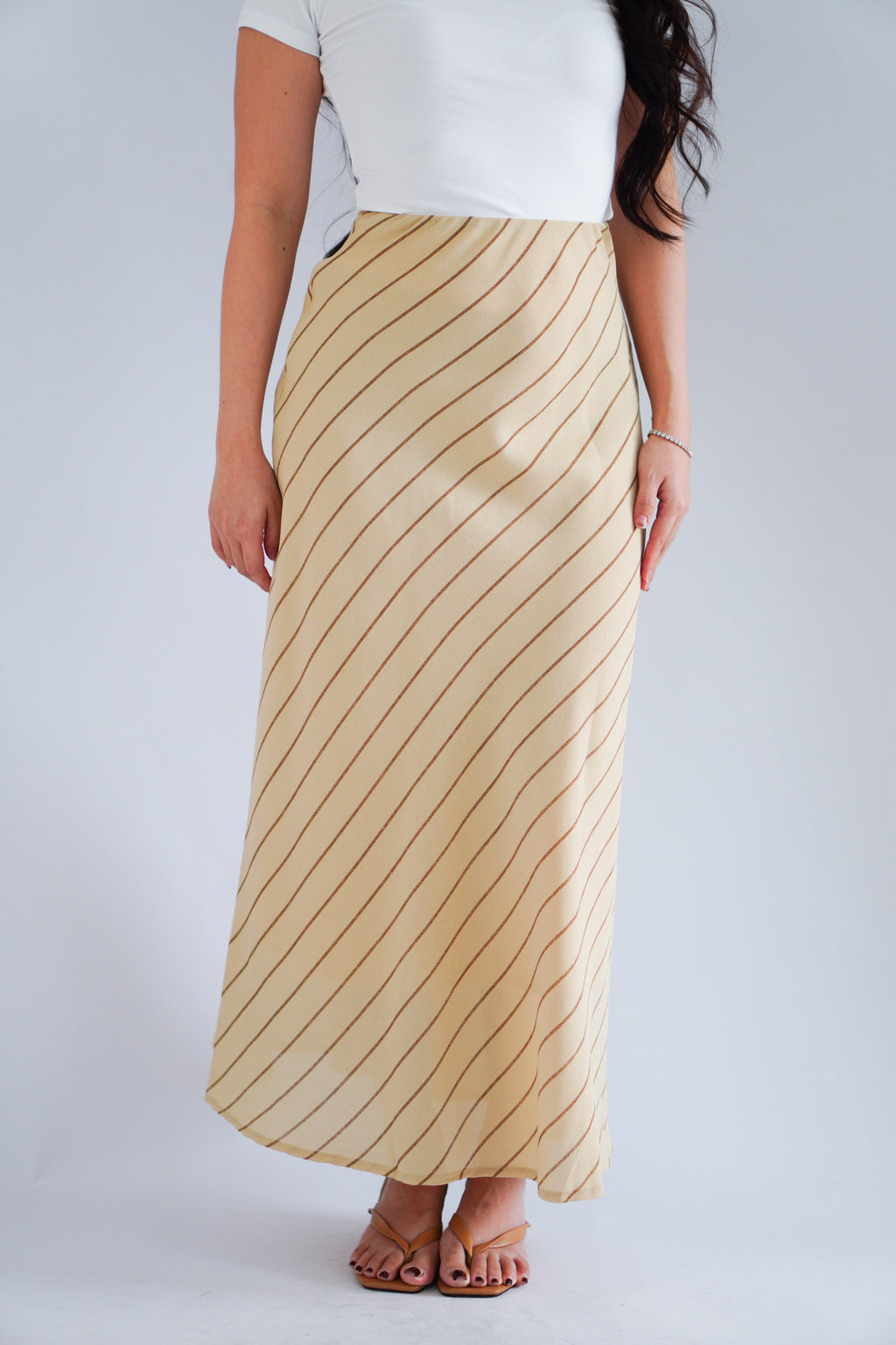Althea Stripes Bias Cut Maxi Skirt in Beige Khaki