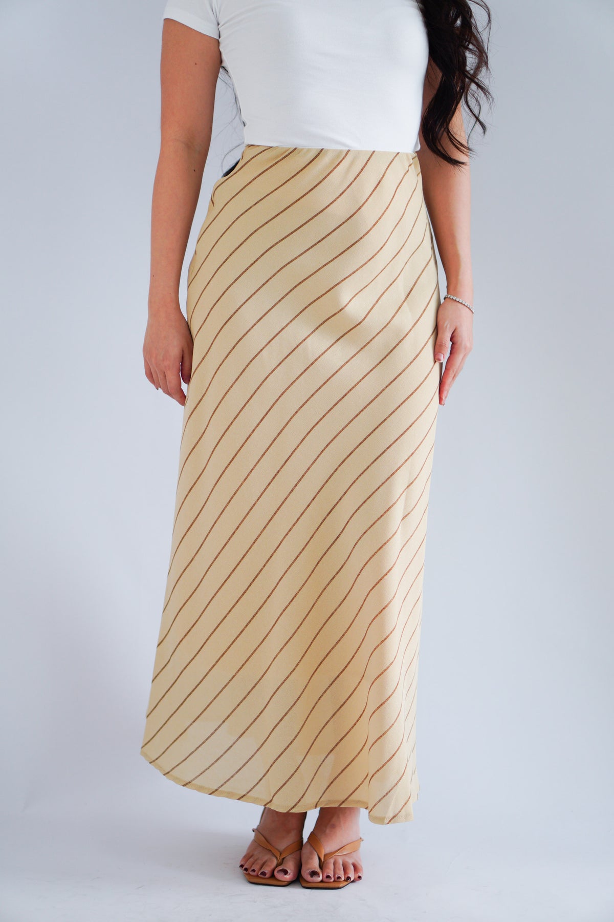 Althea Stripes Bias Cut Maxi Skirt in Beige Khaki