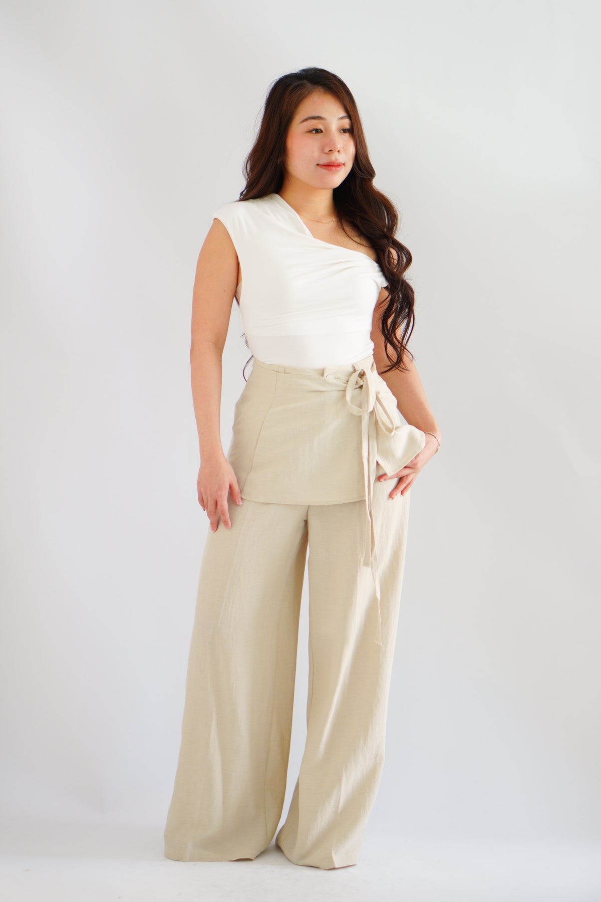 Elarisse Overlay Waist Wrap Wide Legged Pants in Light Khaki