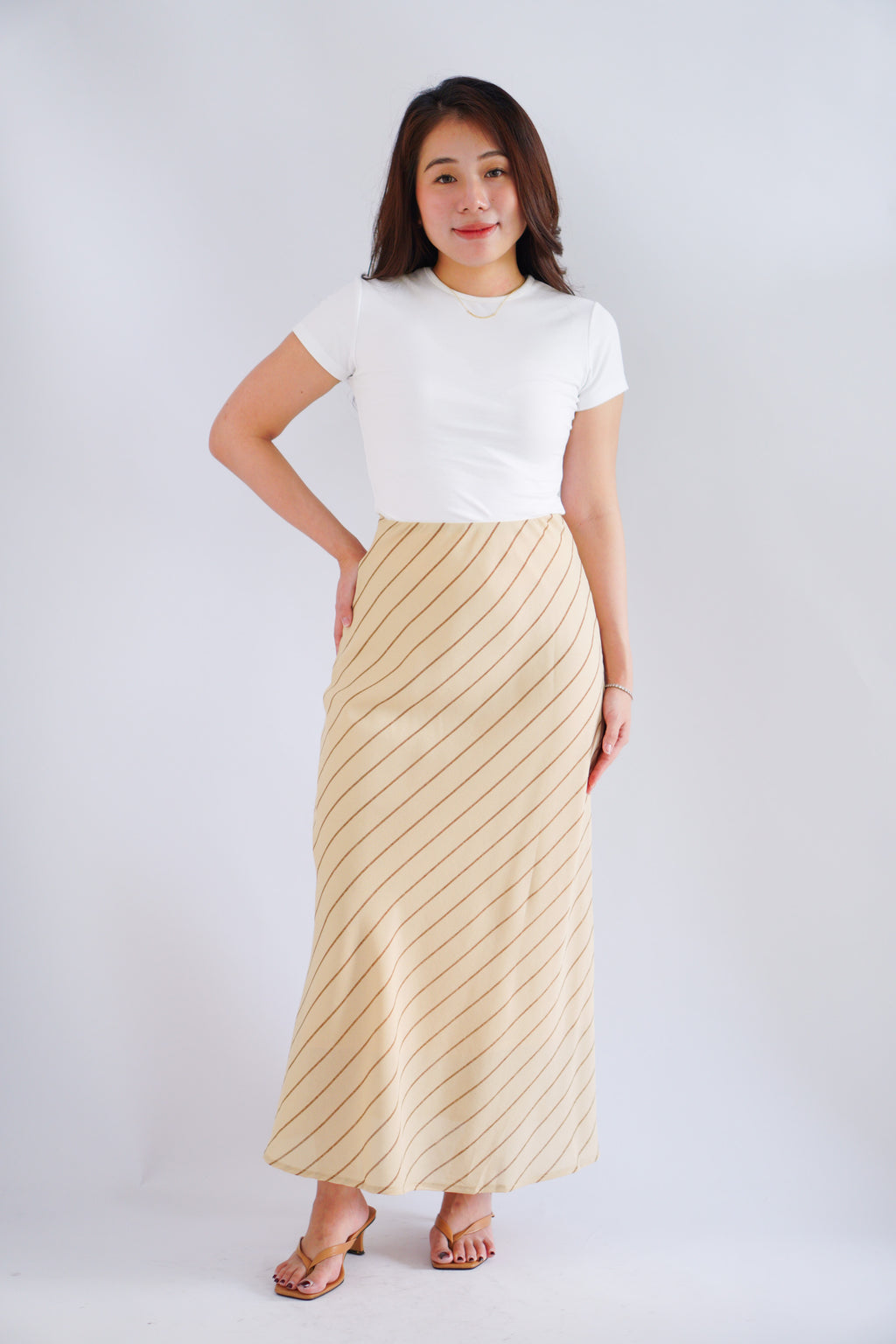 Althea Stripes Bias Cut Maxi Skirt in Beige Khaki