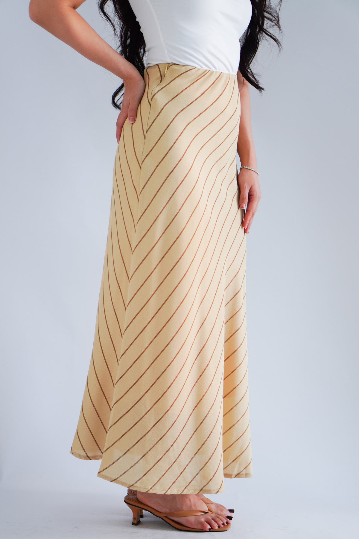 Althea Stripes Bias Cut Maxi Skirt in Beige Khaki