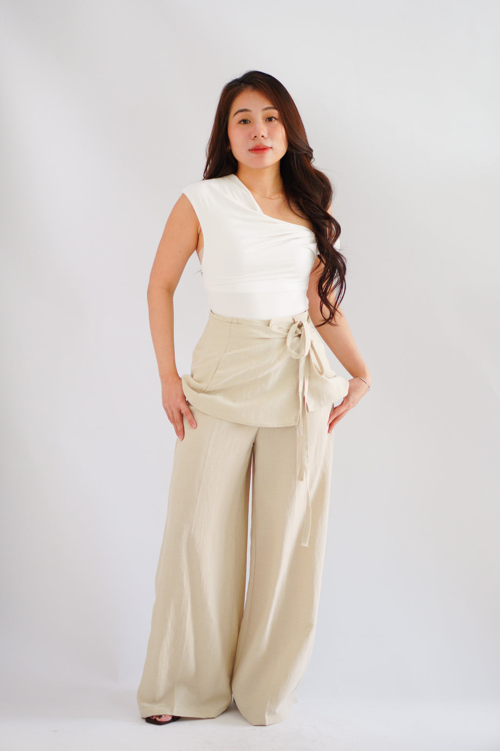 Elarisse Overlay Waist Wrap Wide Legged Pants in Light Khaki