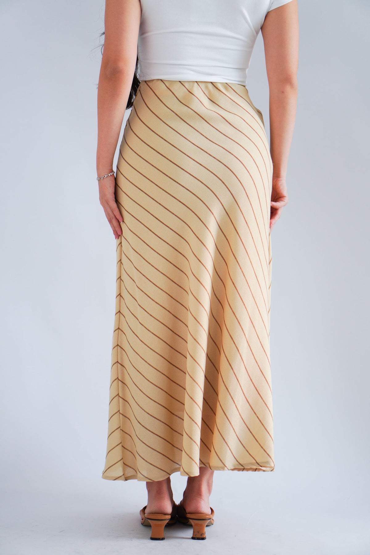 Althea Stripes Bias Cut Maxi Skirt in Beige Khaki