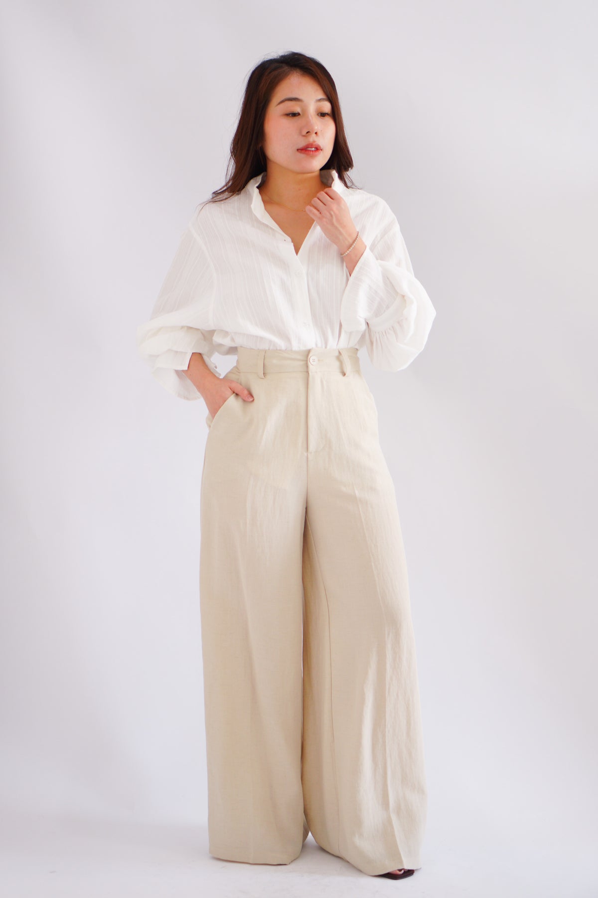 Elarisse Overlay Waist Wrap Wide Legged Pants in Light Khaki