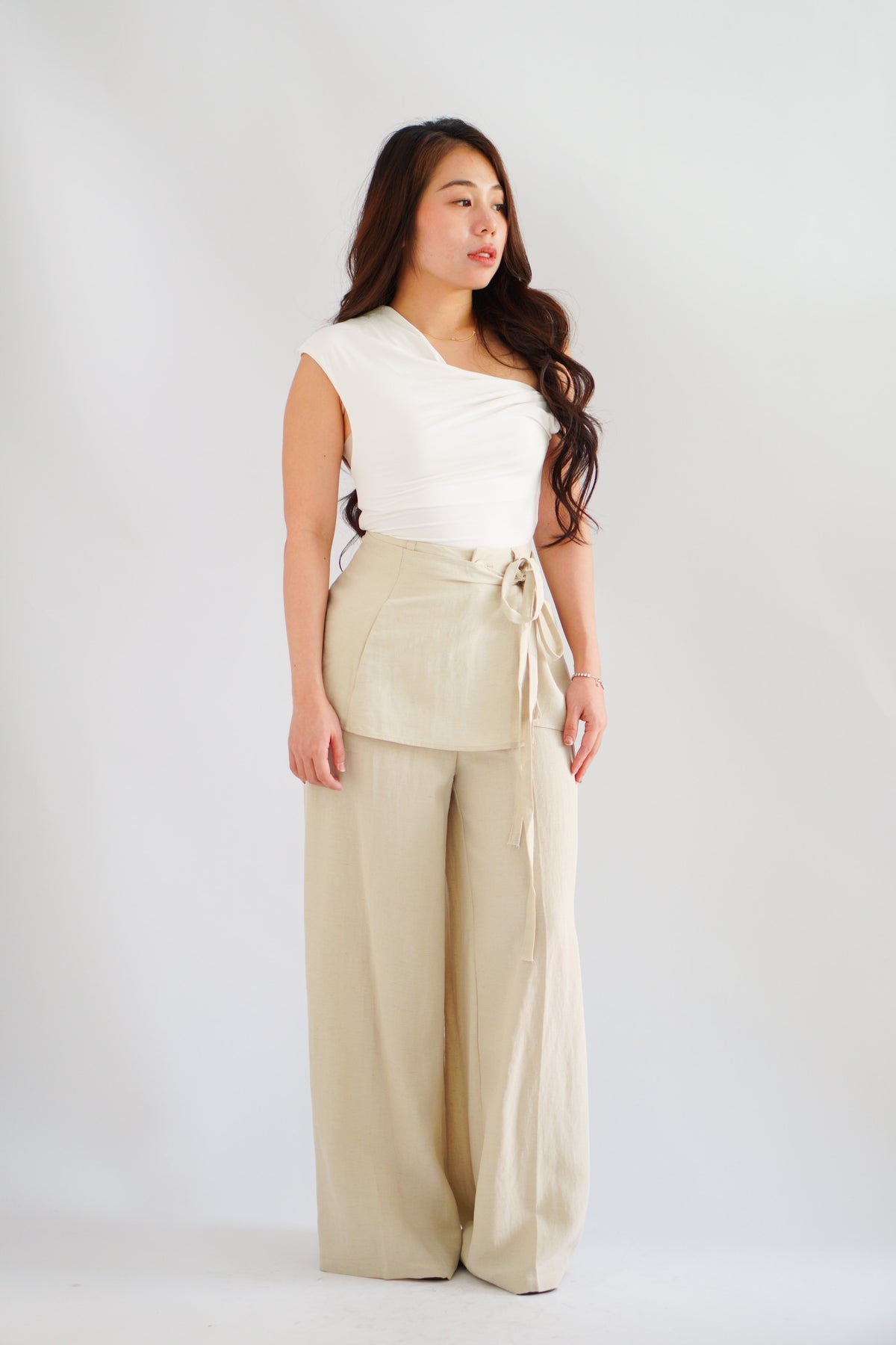 Elarisse Overlay Waist Wrap Wide Legged Pants in Light Khaki