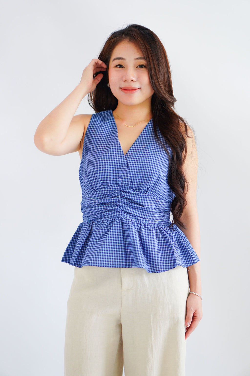 Zephy Plaid V Neck Peplum Top in Blue