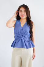 Zephy Plaid V Neck Peplum Top in Blue