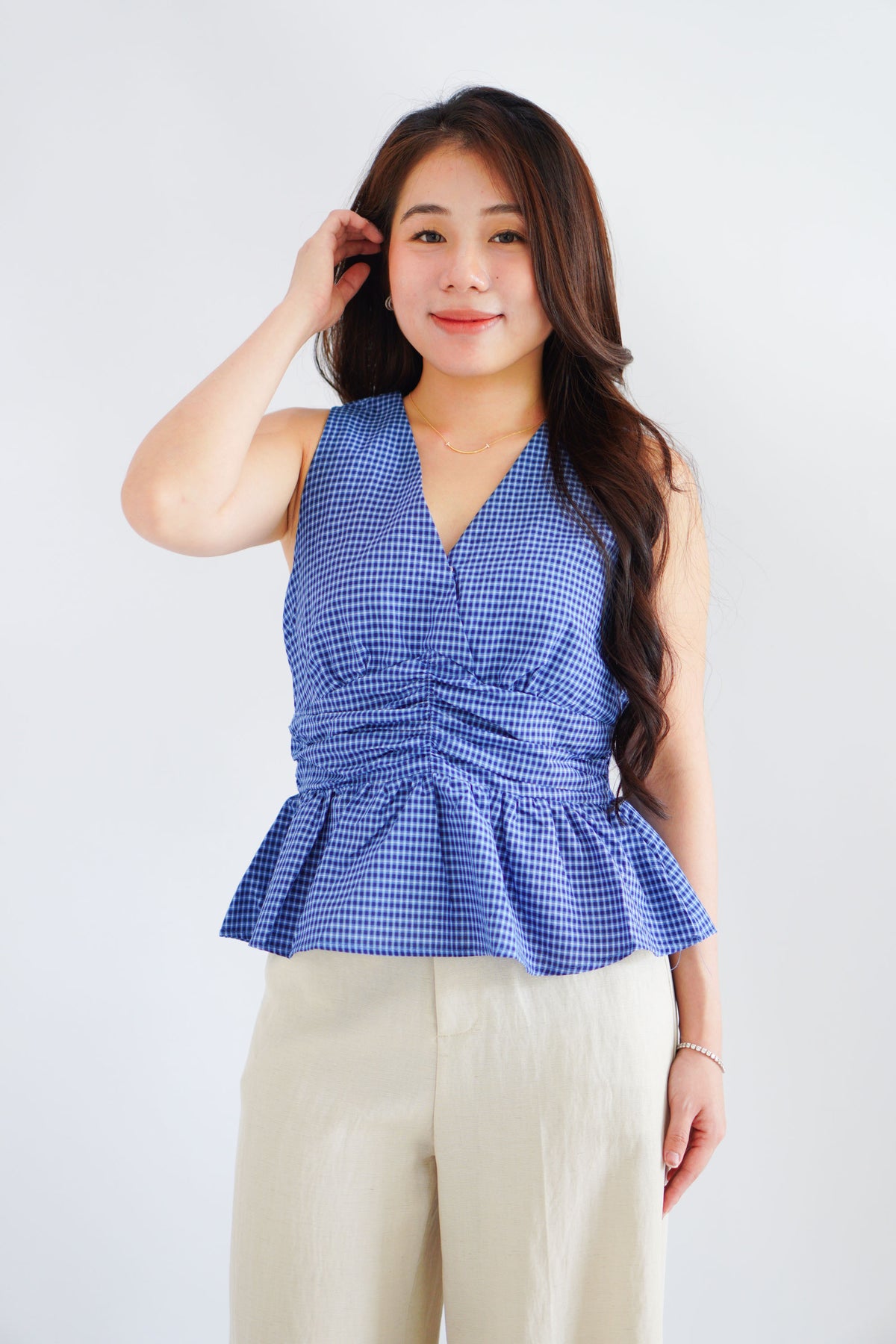 Zephy Plaid V Neck Peplum Top in Blue