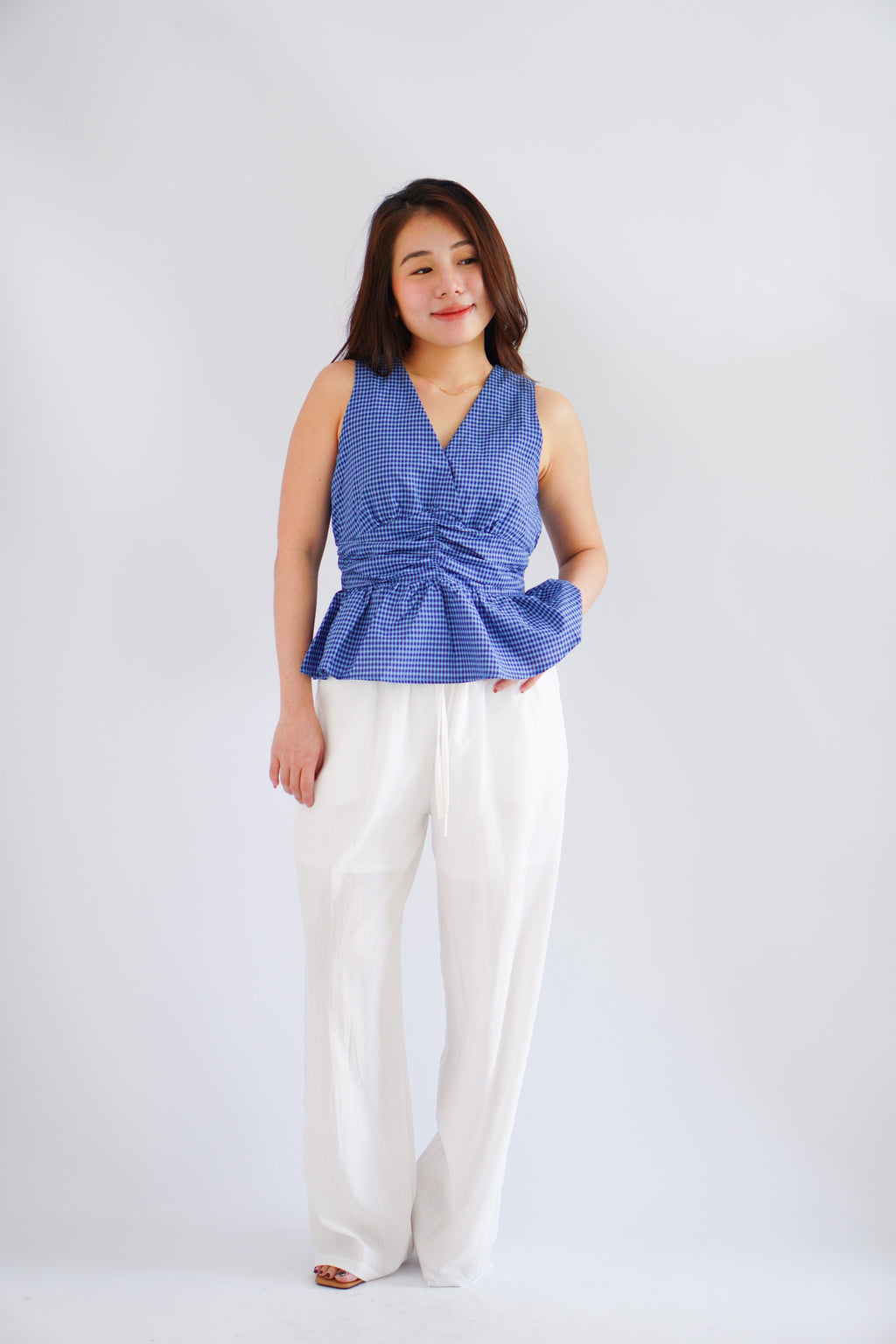Zephy Plaid V Neck Peplum Top in Blue