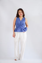Zephy Plaid V Neck Peplum Top in Blue