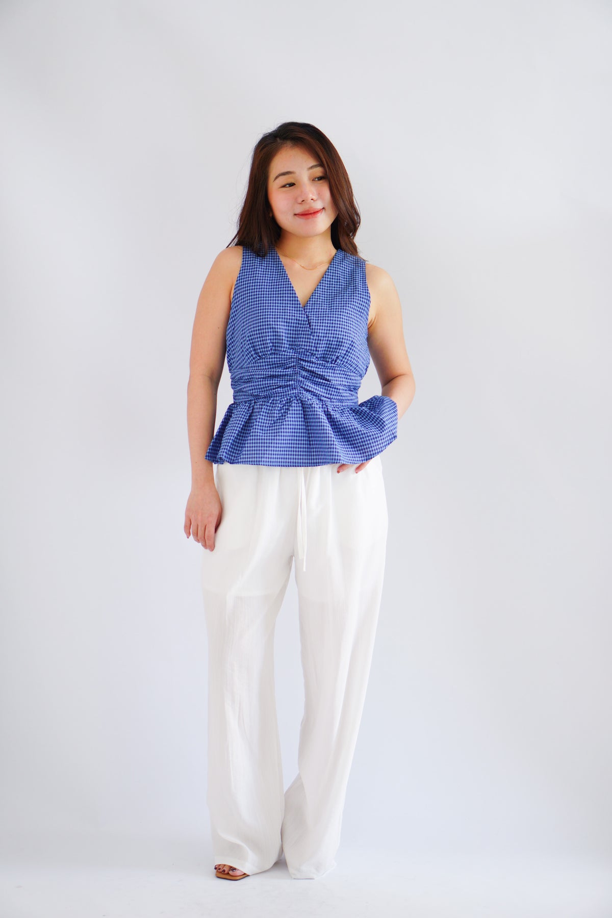 Zephy Plaid V Neck Peplum Top in Blue