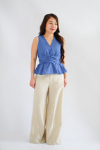 Zephy Plaid V Neck Peplum Top in Blue