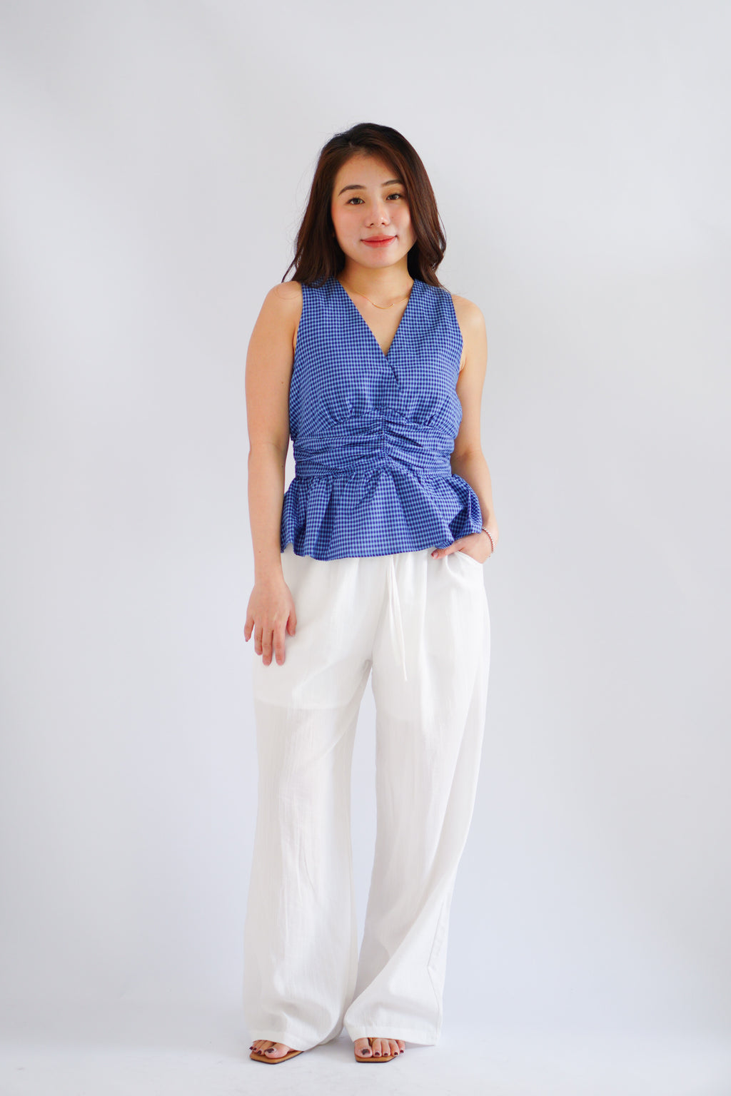 Zephy Plaid V Neck Peplum Top in Blue