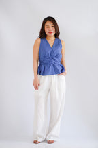 Zephy Plaid V Neck Peplum Top in Blue