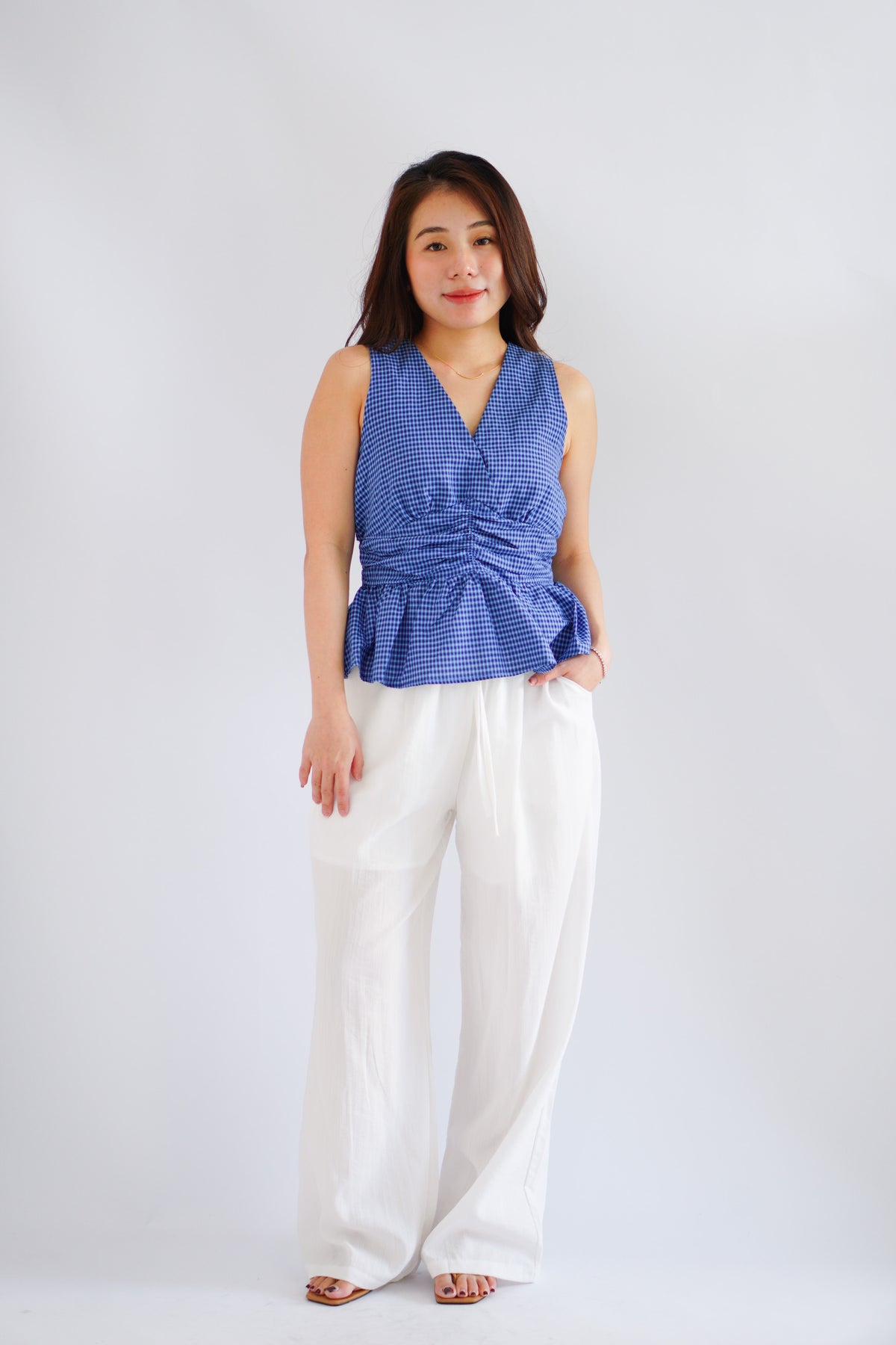 Zephy Plaid V Neck Peplum Top in Blue
