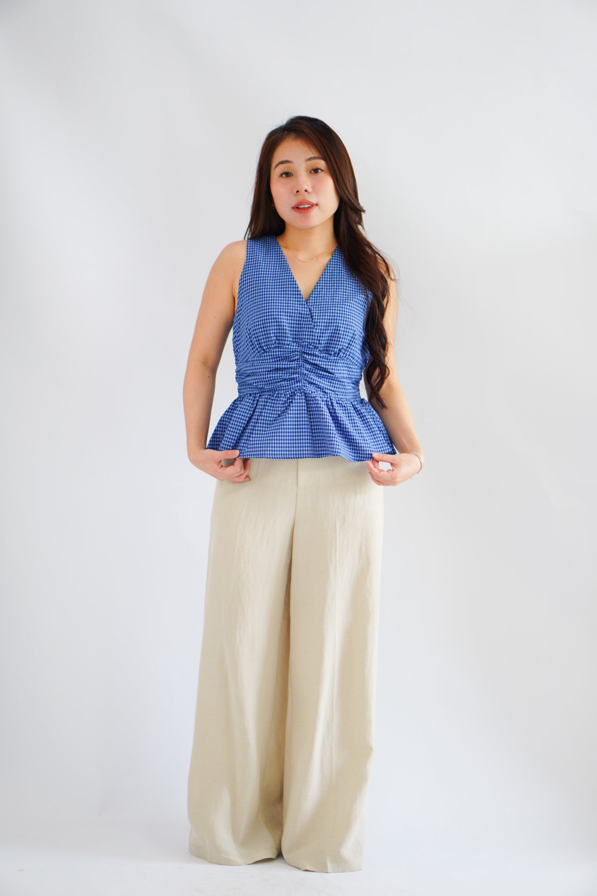 Zephy Plaid V Neck Peplum Top in Blue