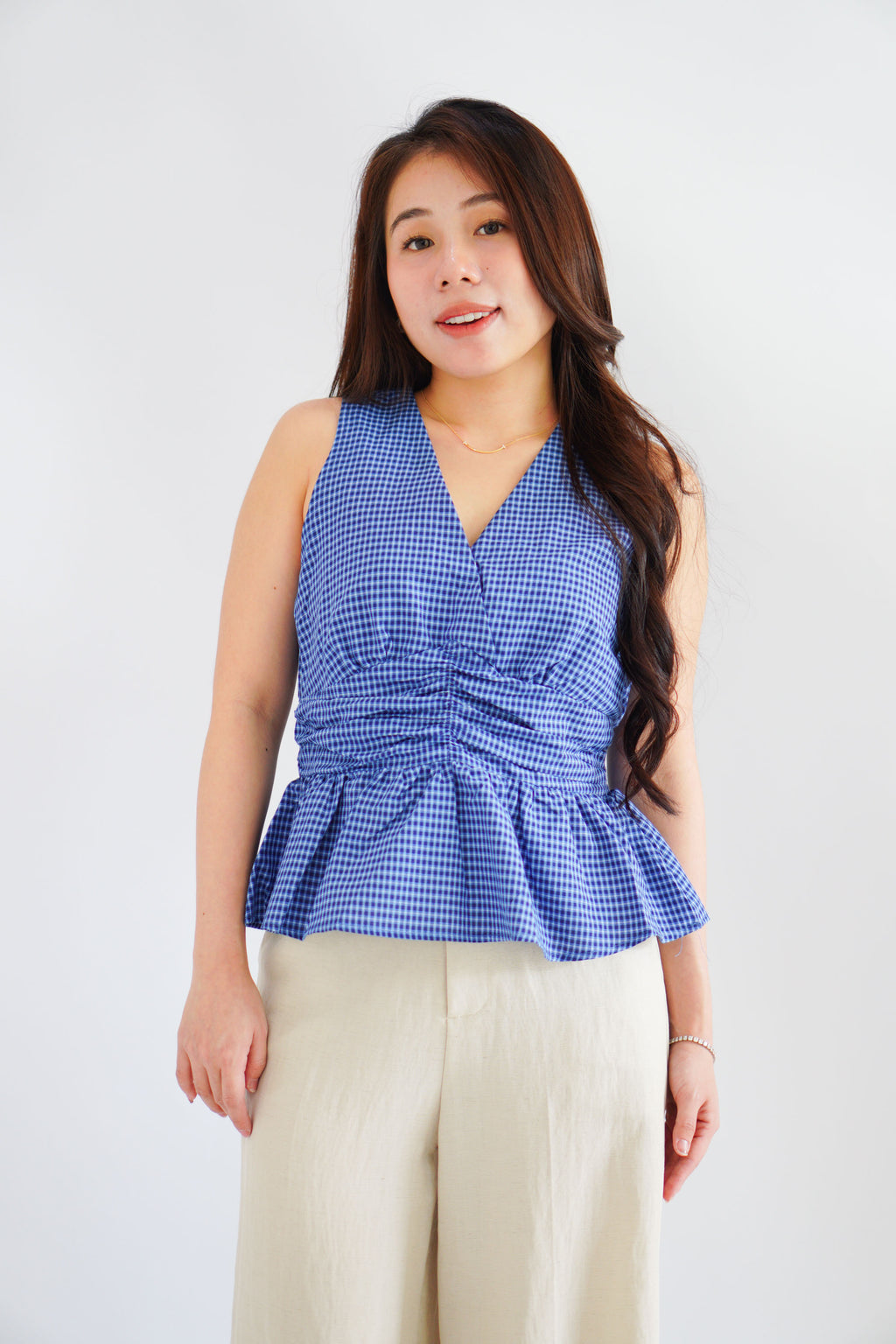 Zephy Plaid V Neck Peplum Top in Blue