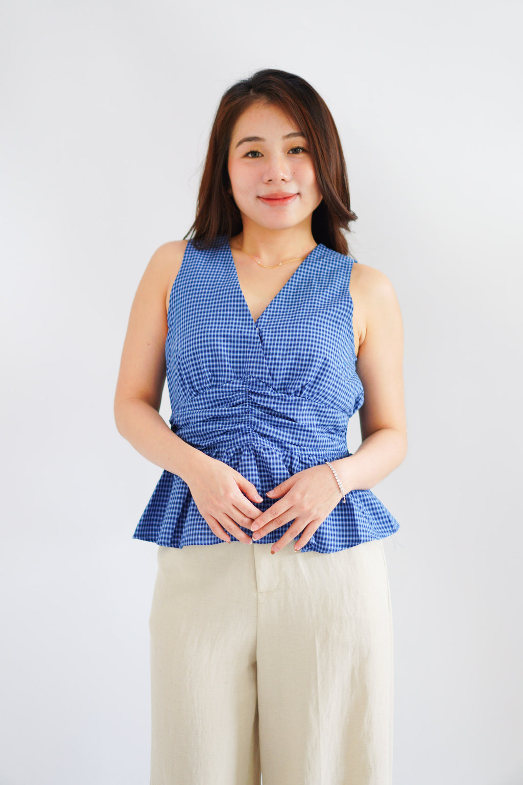 Zephy Plaid V Neck Peplum Top in Blue