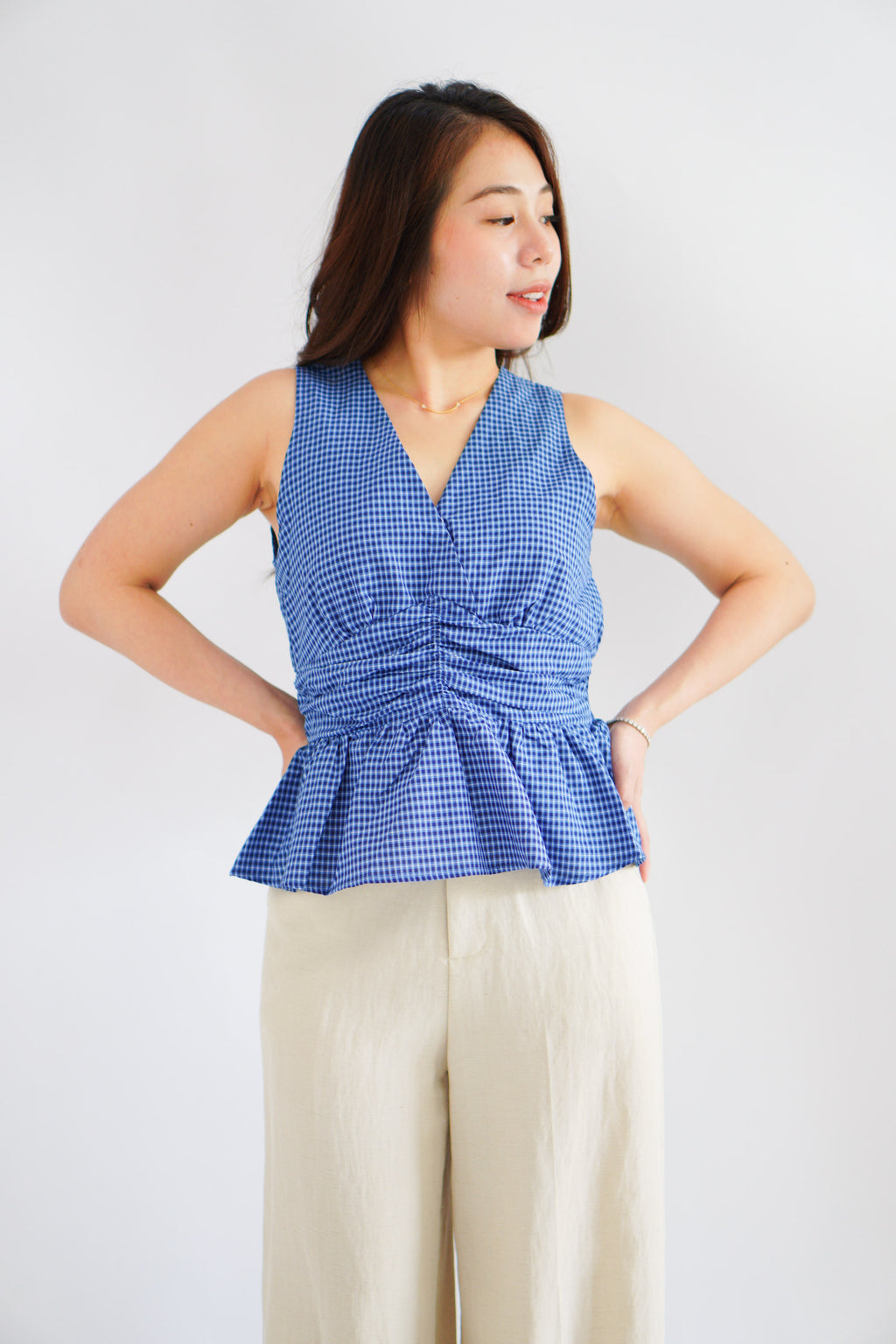 Zephy Plaid V Neck Peplum Top in Blue