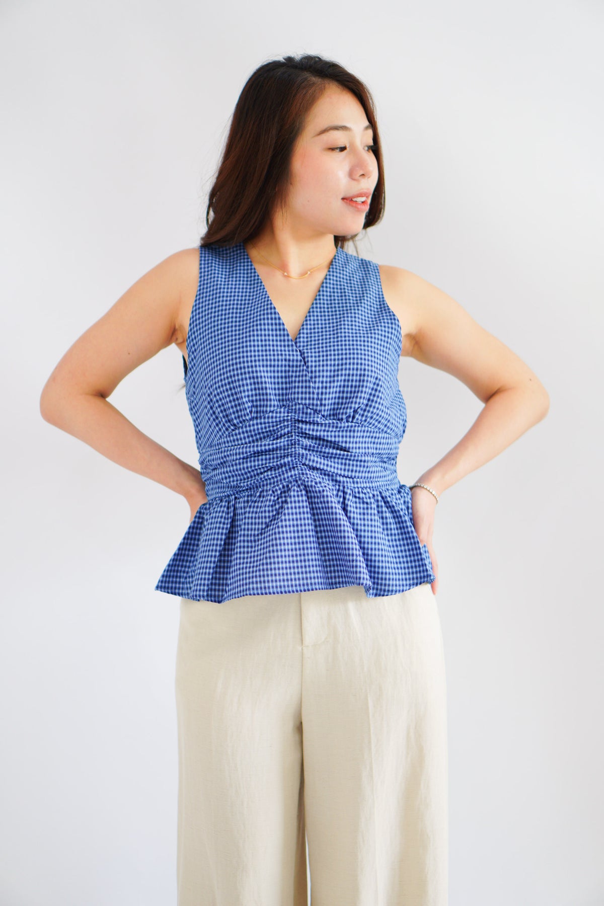 Zephy Plaid V Neck Peplum Top in Blue