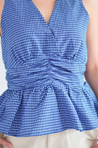 Zephy Plaid V Neck Peplum Top in Blue