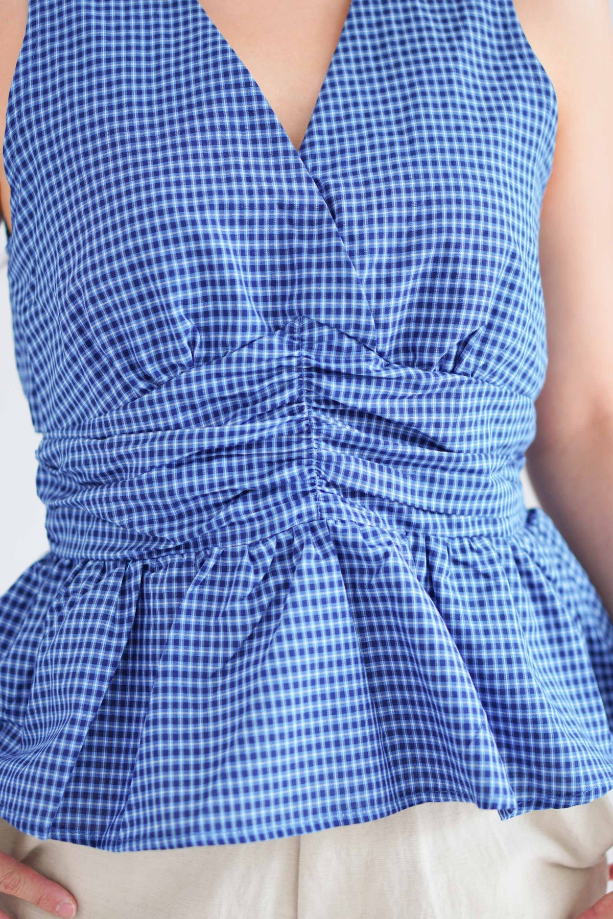 Zephy Plaid V Neck Peplum Top in Blue