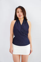 Orivelle Polkadot V Neck Top in Dark Blue