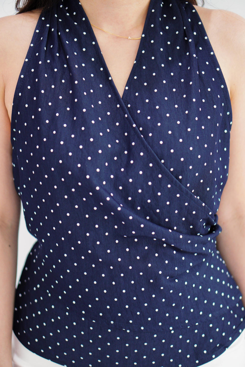 Orivelle Polkadot V Neck Top in Dark Blue