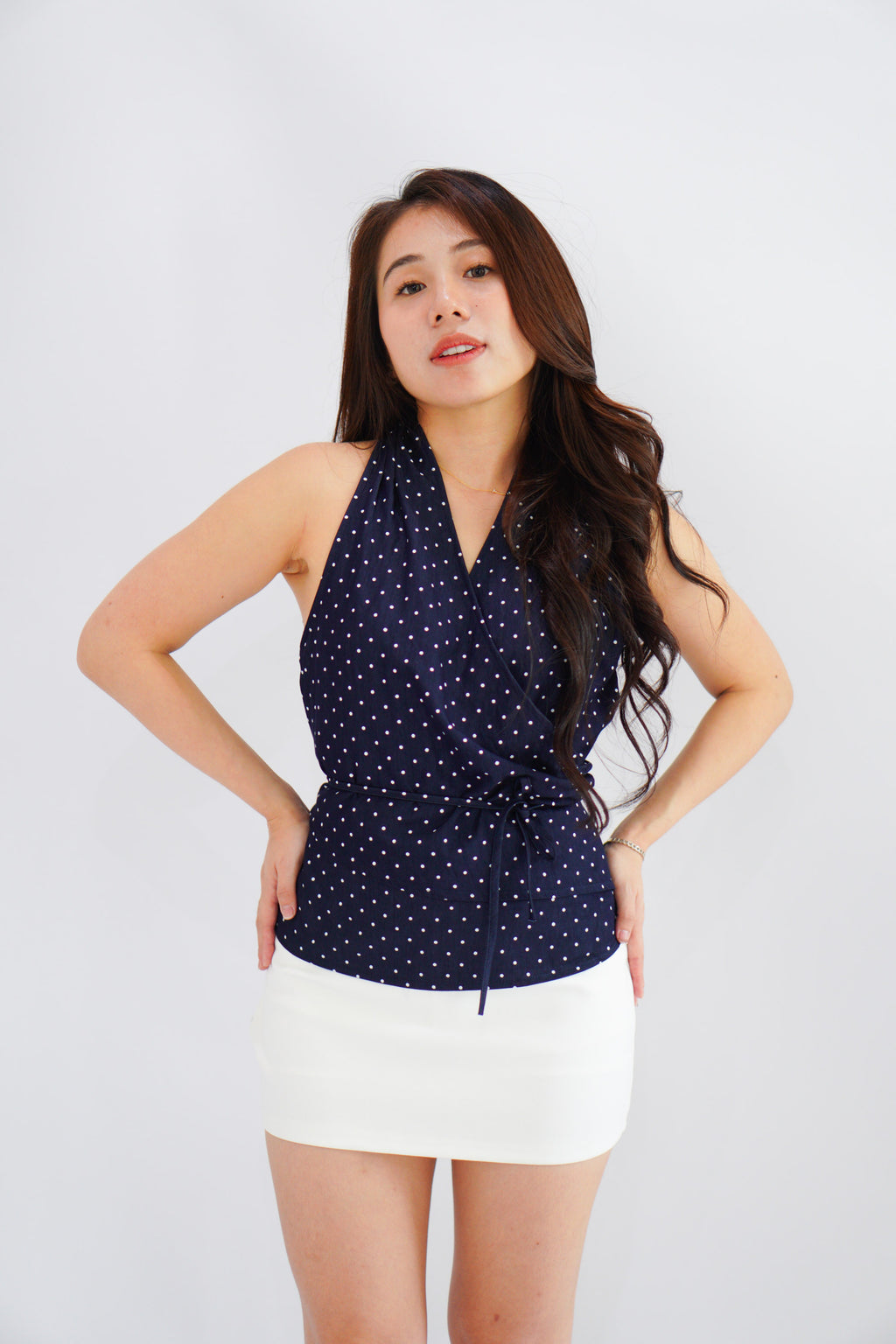 Orivelle Polkadot V Neck Top in Dark Blue