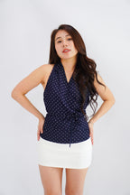 Orivelle Polkadot V Neck Top in Dark Blue