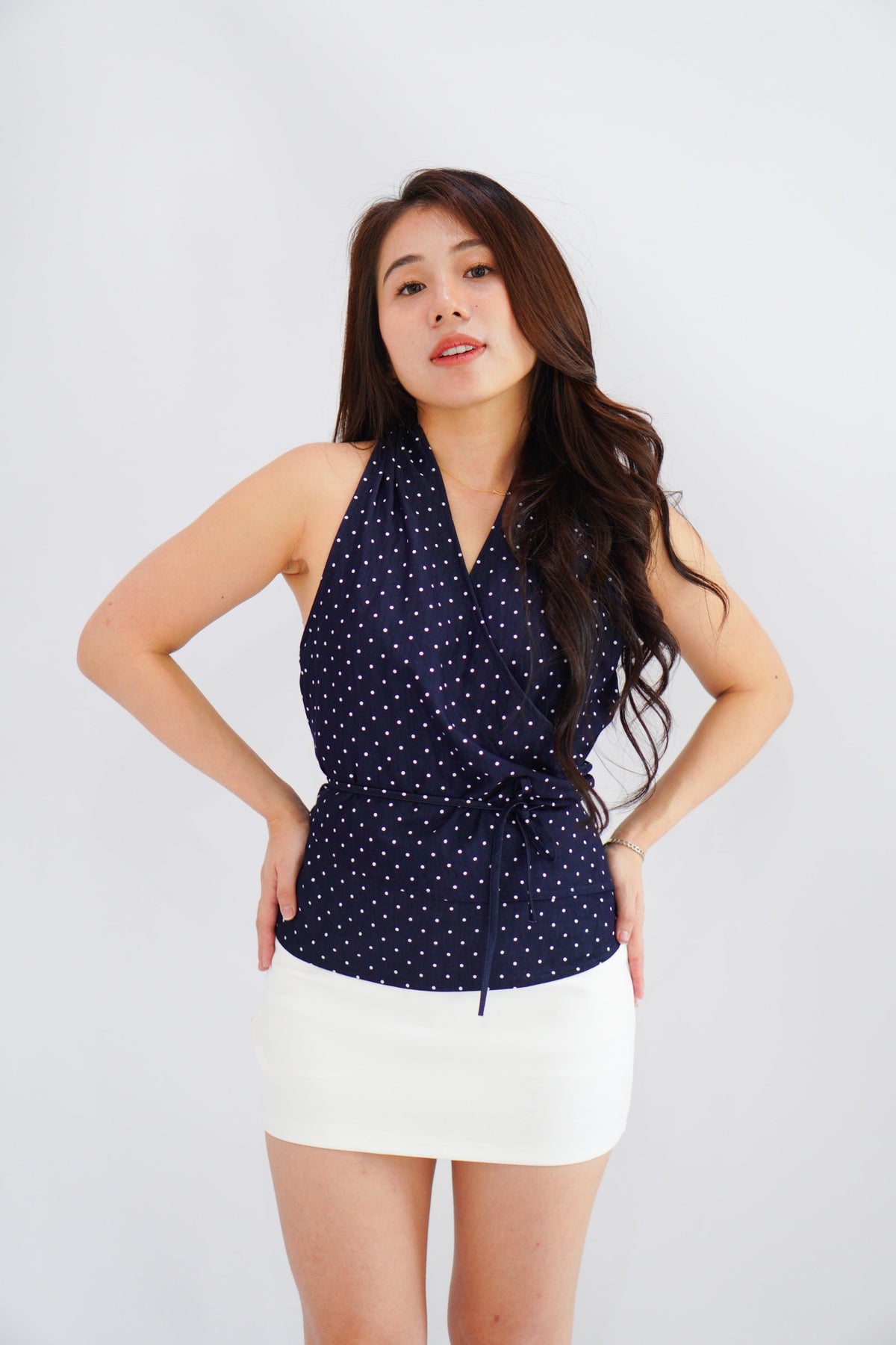 Orivelle Polkadot V Neck Top in Dark Blue