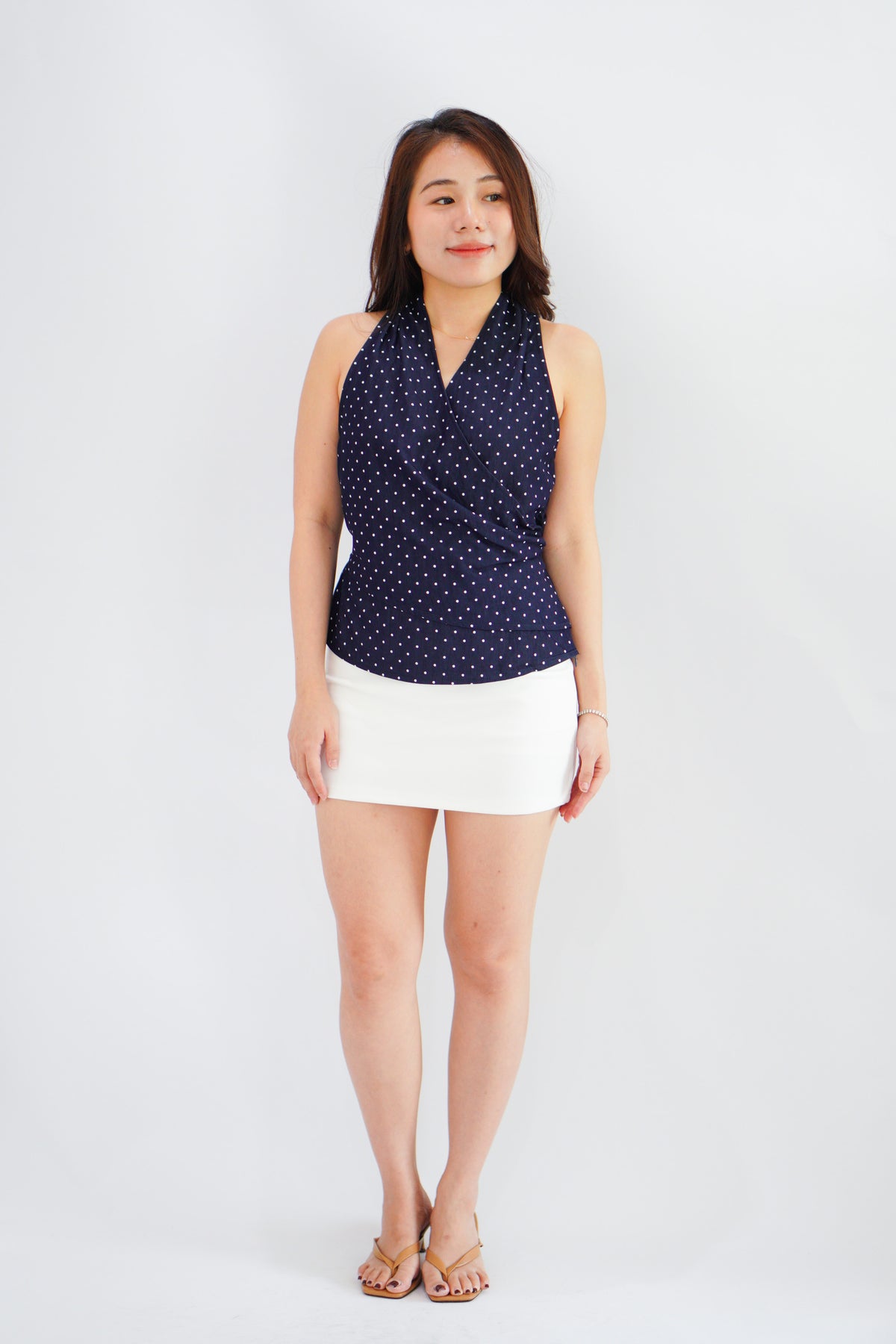 Orivelle Polkadot V Neck Top in Dark Blue