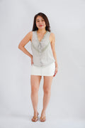 Selkie Lace Trim V Neck Button Front Drawstring Top in Grey