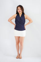 Orivelle Polkadot V Neck Top in Dark Blue