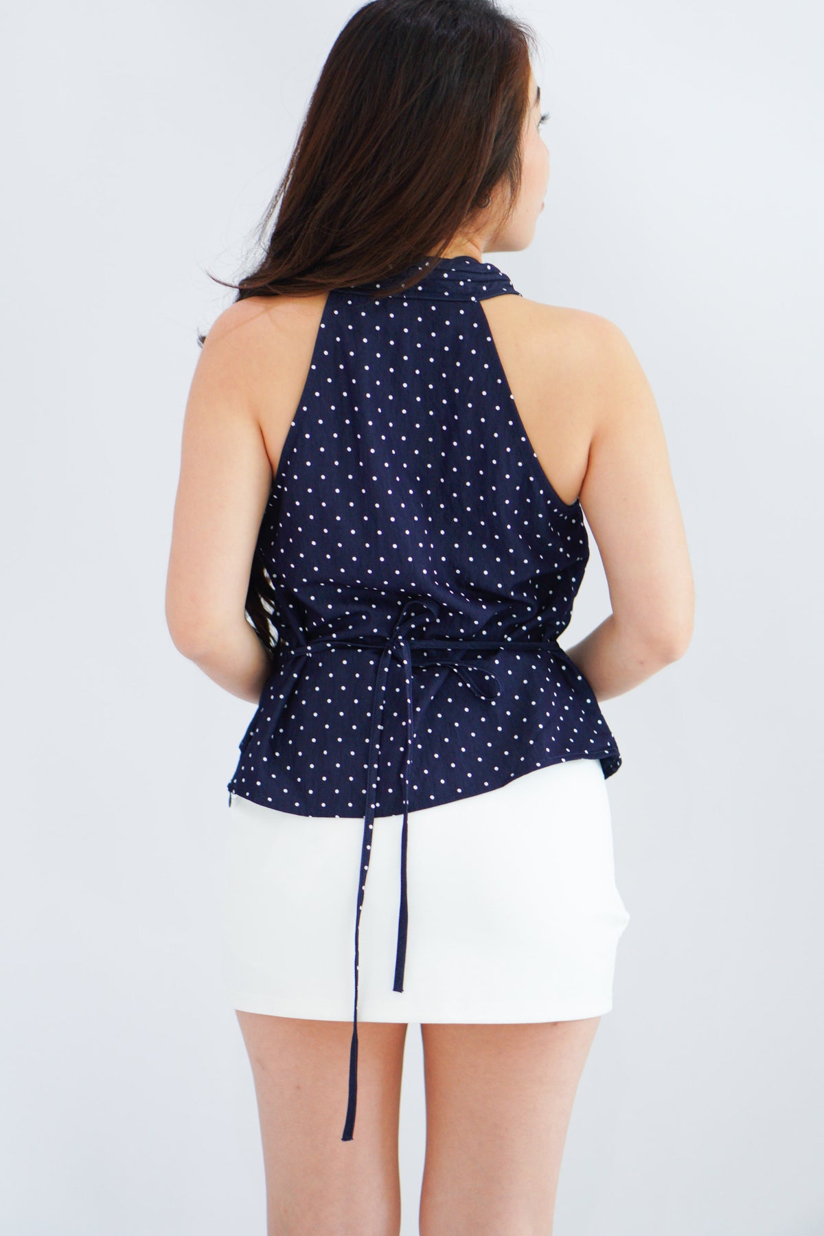 Orivelle Polkadot V Neck Top in Dark Blue