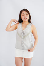 Selkie Lace Trim V Neck Button Front Drawstring Top in Grey