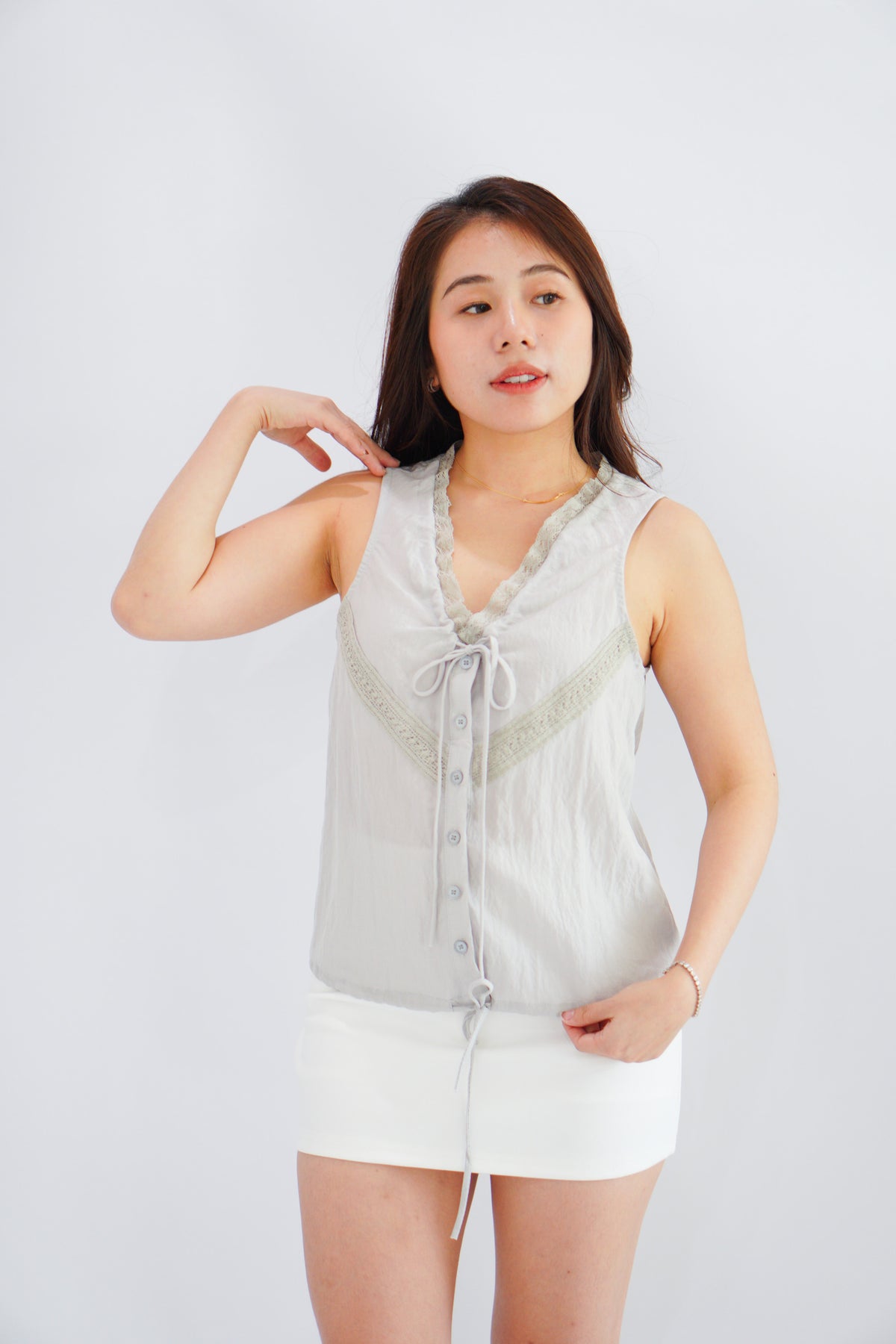 Selkie Lace Trim V Neck Button Front Drawstring Top in Grey